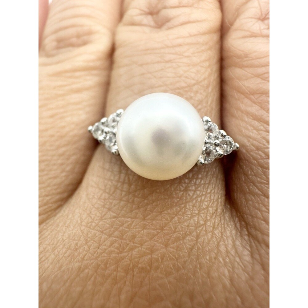 CP 925 sterling silver freshwater pearl & cubic zirconia ring Size 7